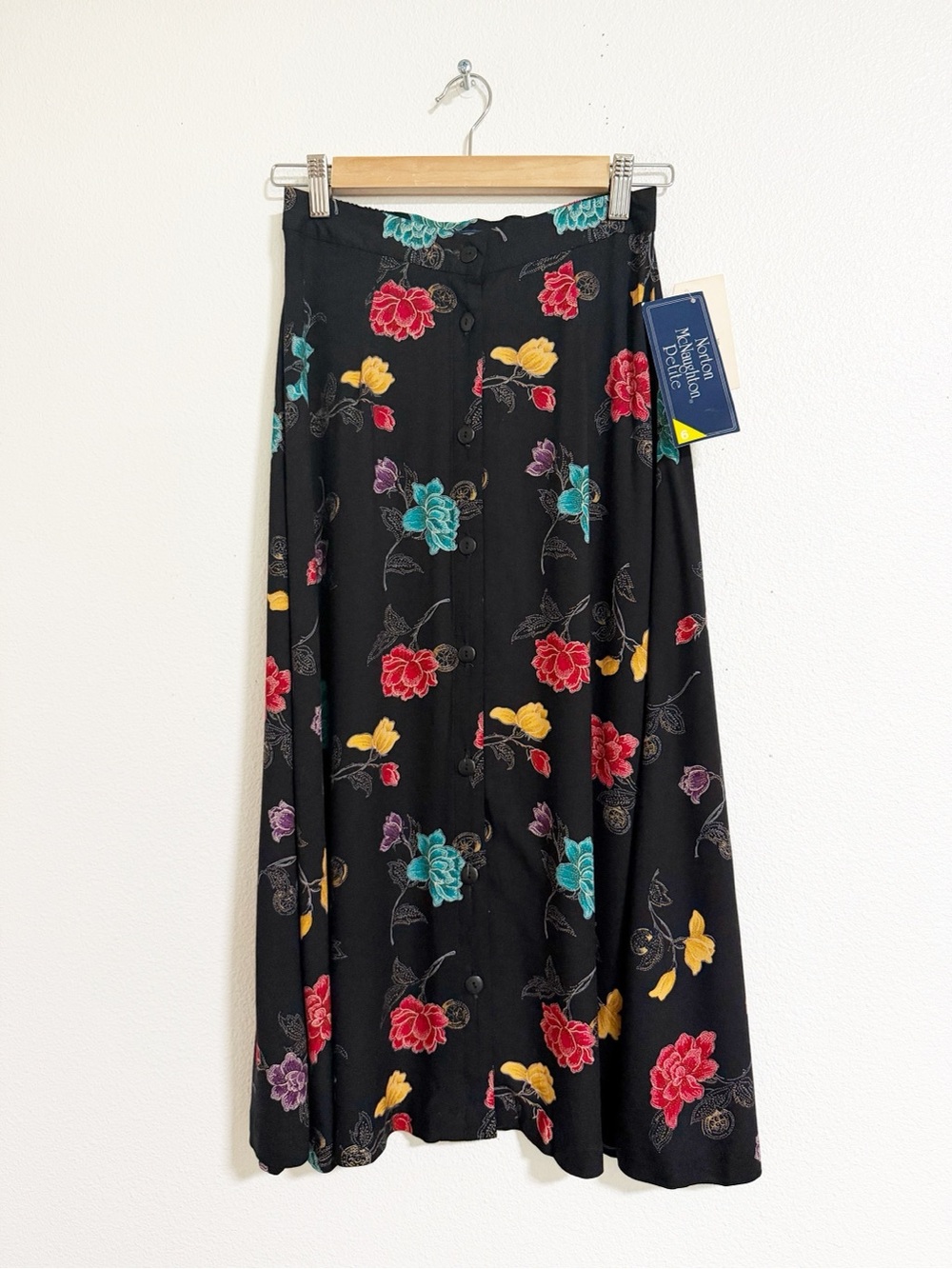 NEW Vintage 90s Norton McNaughton Floral Midi Skirt Black Size 6P